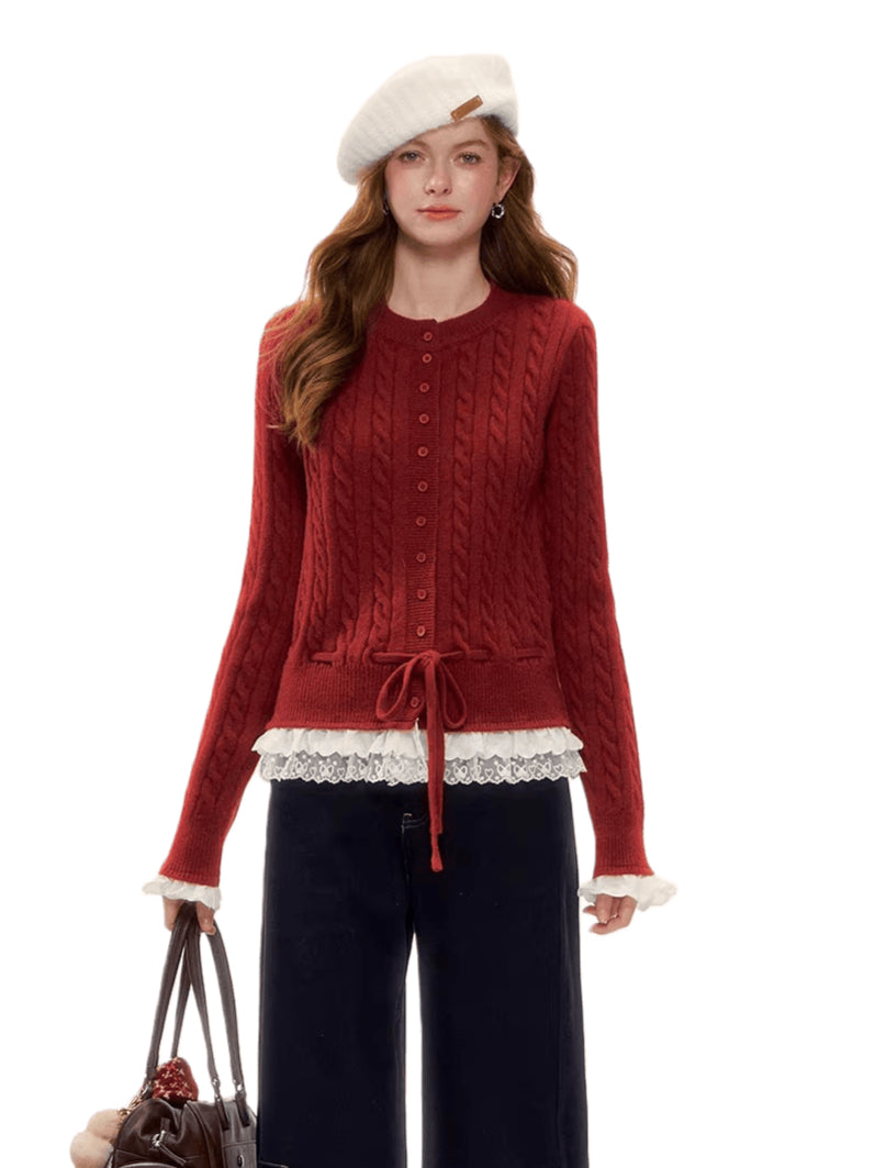 Cable Knit Lace-Hem Drawstring Sweater