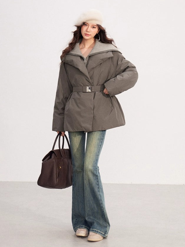 Belted Contrast-Knit Collar Down Coat