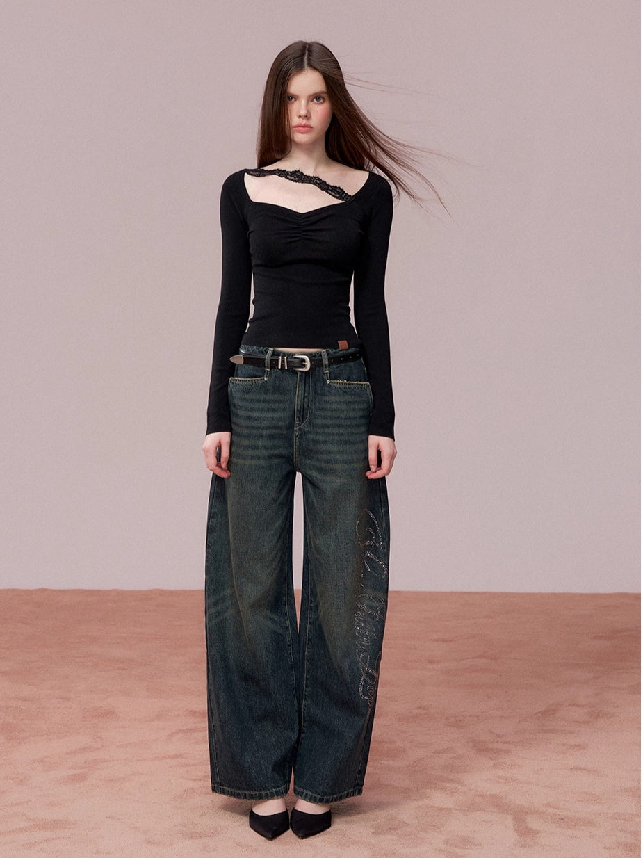 Ruched Lace-Trim Fitted Knit T-Shirt