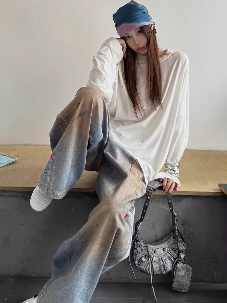 3D Ocean Print Oversized Denim Pants