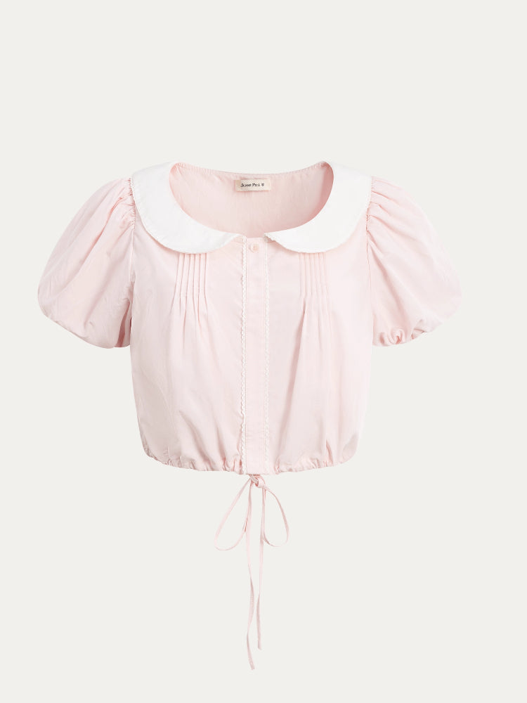 Pink Doll Collar Cropped Shirt & Skirt Set - CHINASQUAD