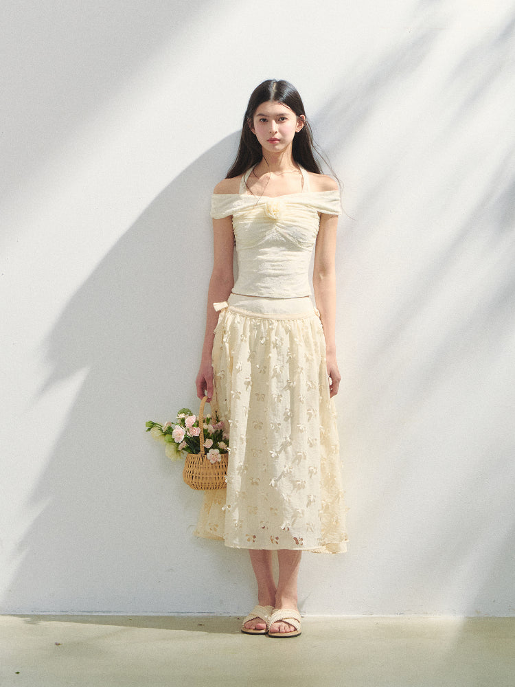 Off Shoulder 3D Flower Lace Short Top - CHINASQUAD