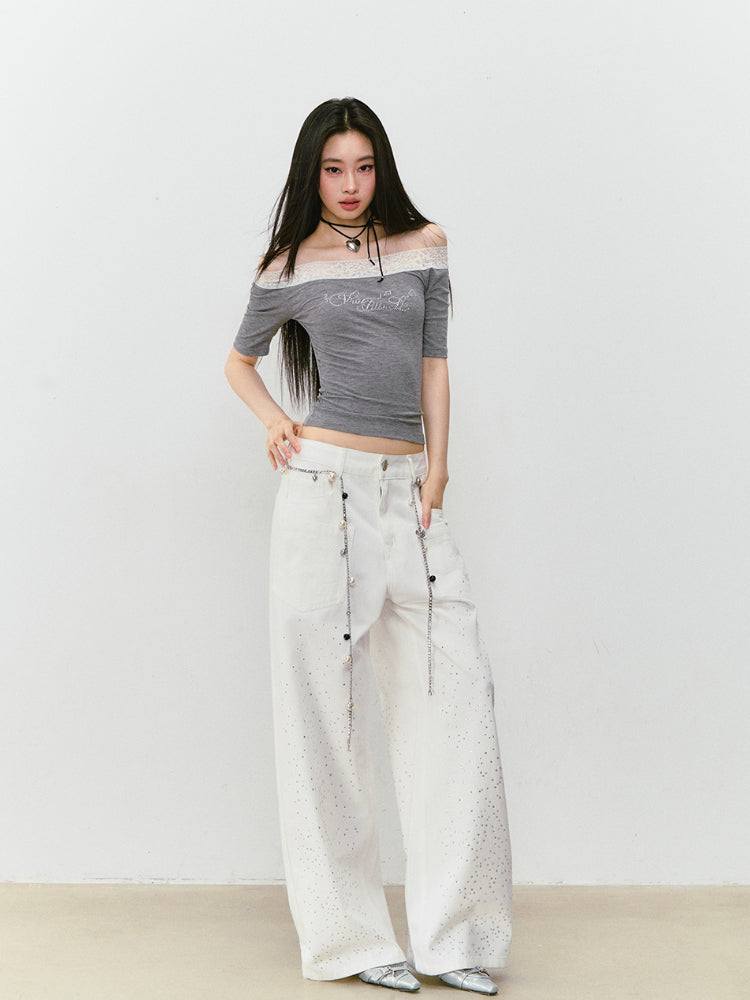 3D Rhinestone Wide - leg Denim Pants - CHINASQUAD