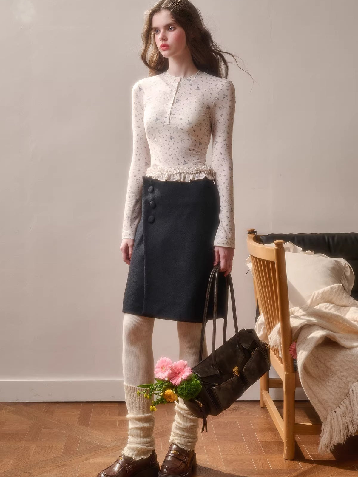 Fluffy Wool-Blend Knit Skirt
