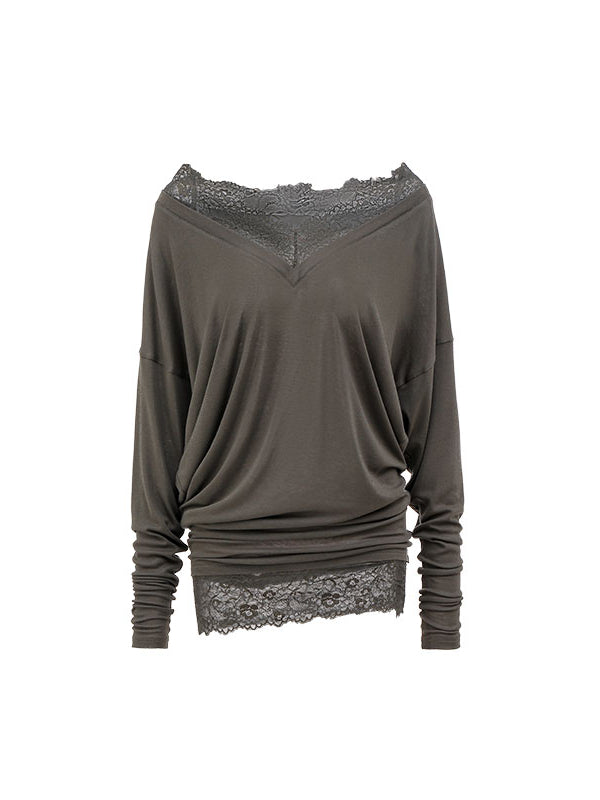 V-Neck Lace Trim Layered Blouse - CHINASQUAD