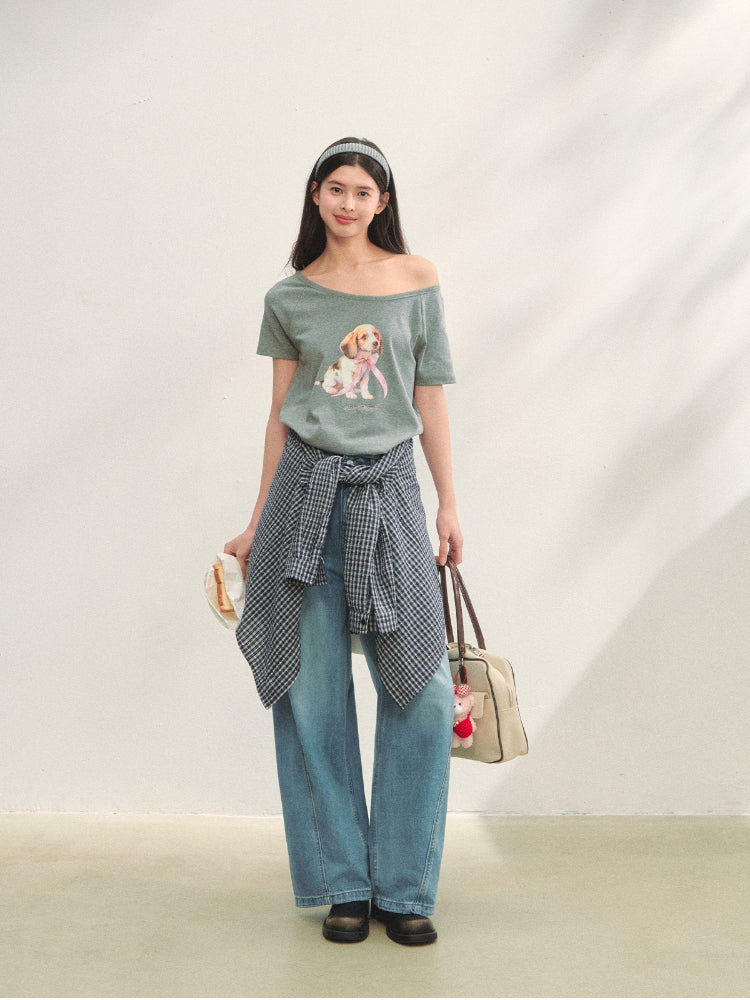 Asymmetric Shoulder Bow Puppy Printed T-Shirt - CHINASQUAD
