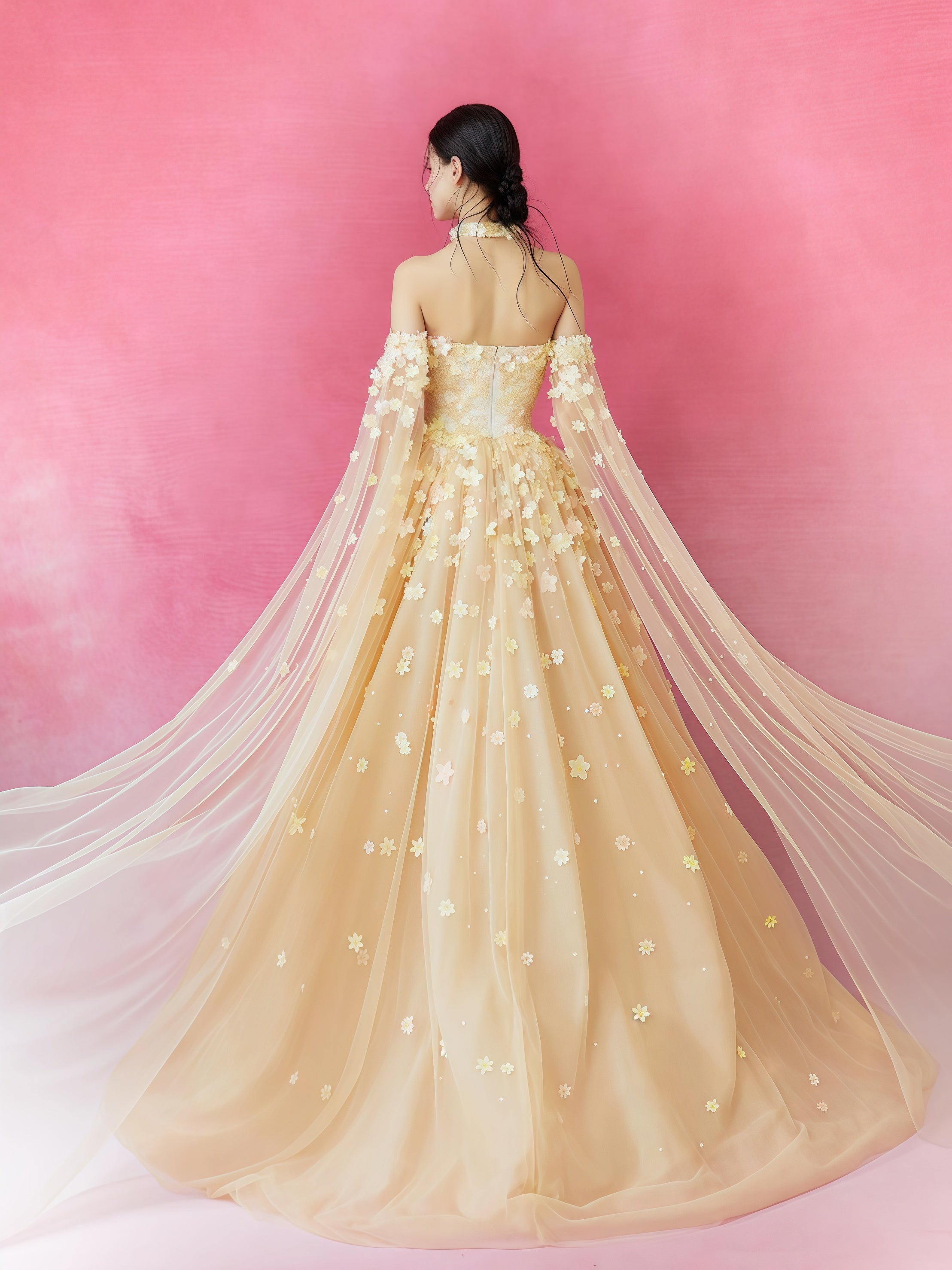 Champagne Floral Embroidered Tulle Ball Gown with Cape