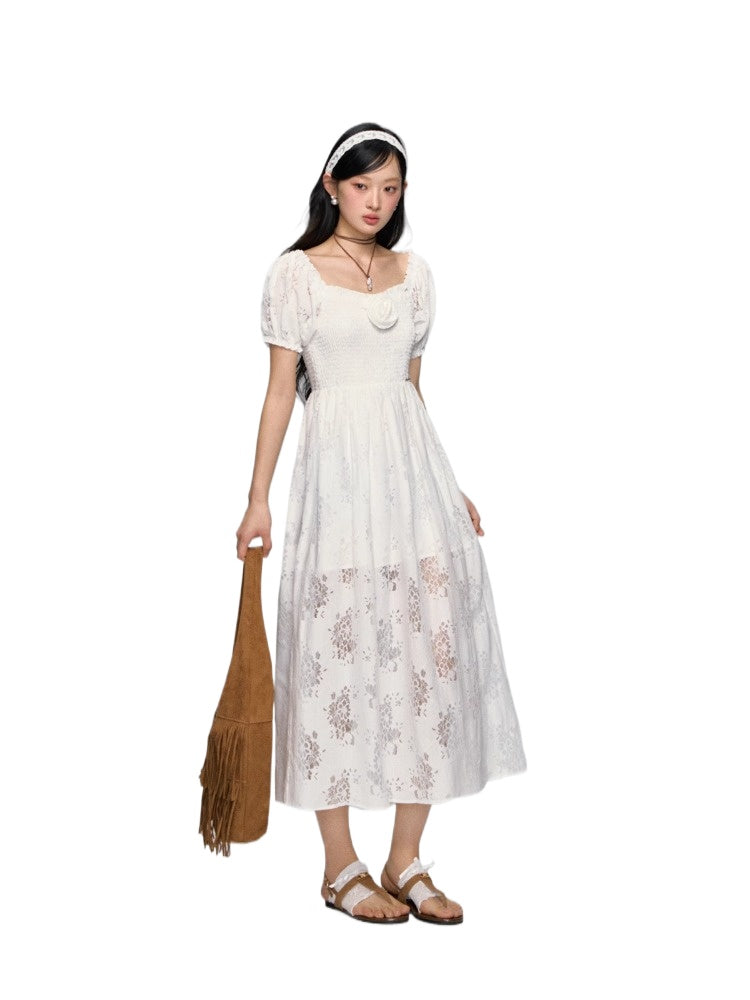 Puff-Sleeve Flower Hollowed Dress - CHINASQUAD