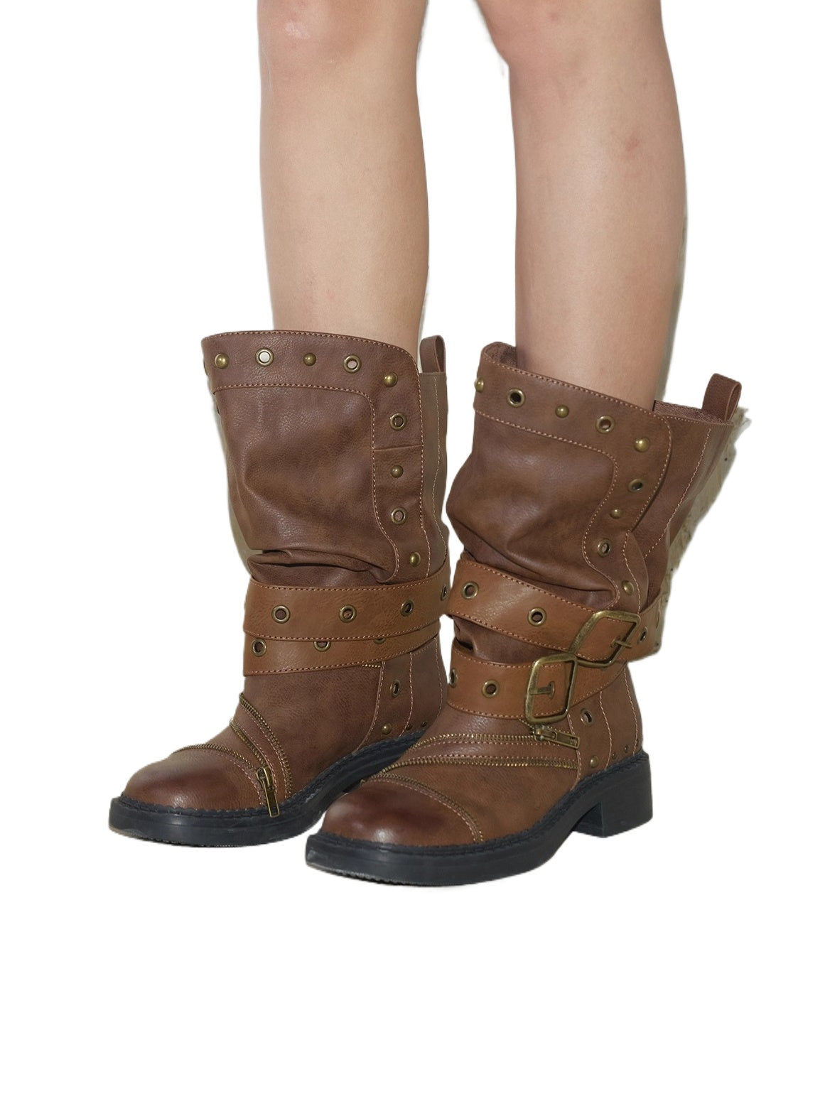 Retro Distressed Rivet Zipper Mid-Calf Boots