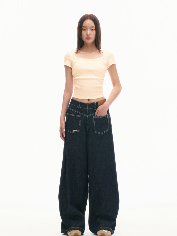 Ice Silk Ribbed Waist Cinching Round Corner T-Shirt - CHINASQUAD