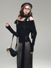 (Final Sale) White & Black Off-Shoulder Lace Knit Crewneck - CHINASQUAD