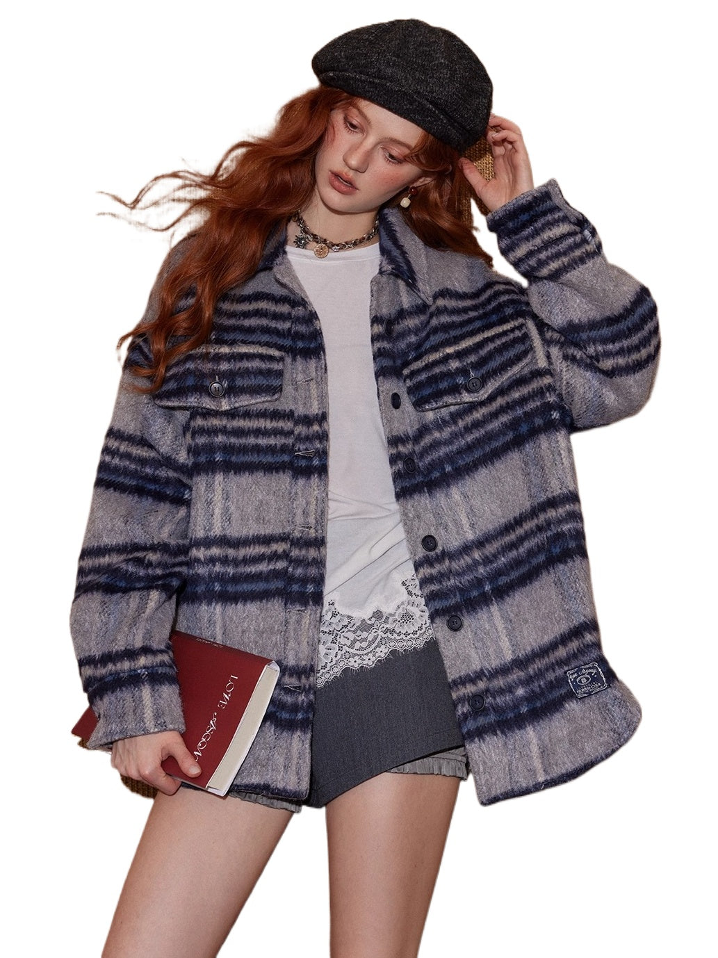 Plaid Contrast-Collar Wool-Blend Overshirt Jacket