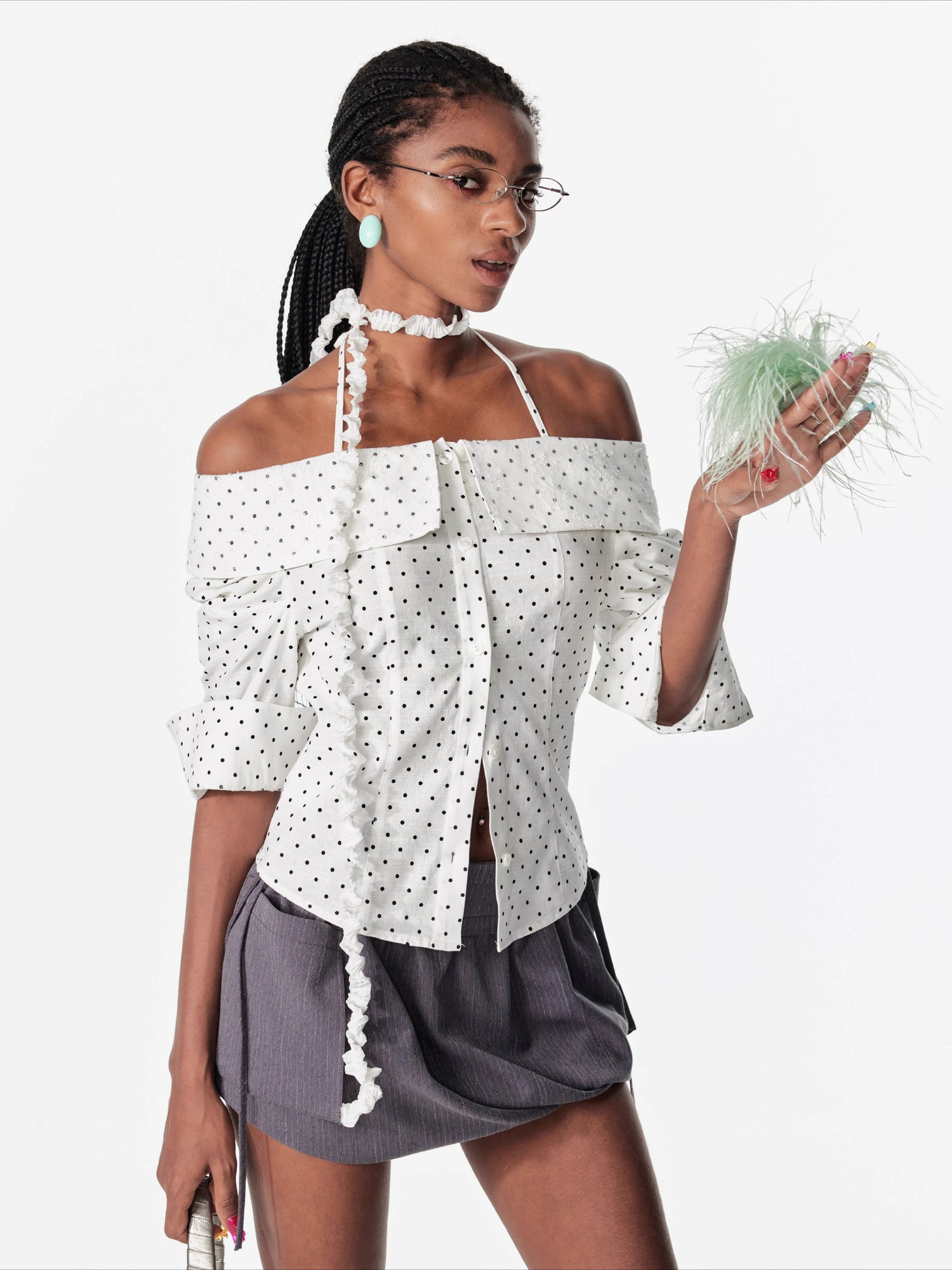 Lace Shoulder Strap Off-Shoulder Shirt - CHINASQUAD