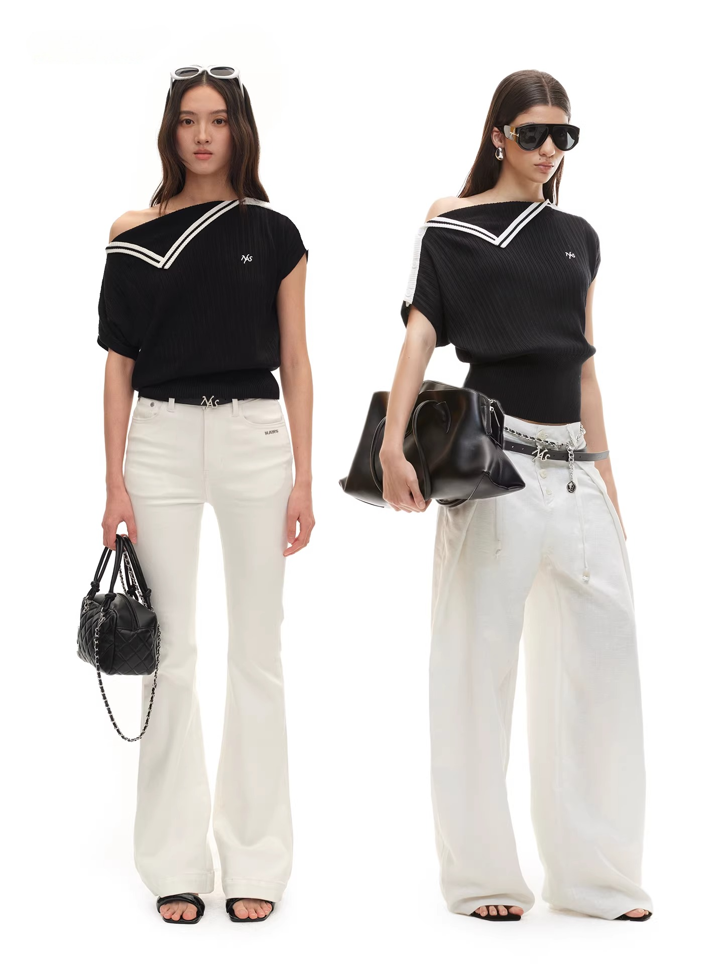 Asymmetric Off-Shoulder Contrast Trim Cinched Tee