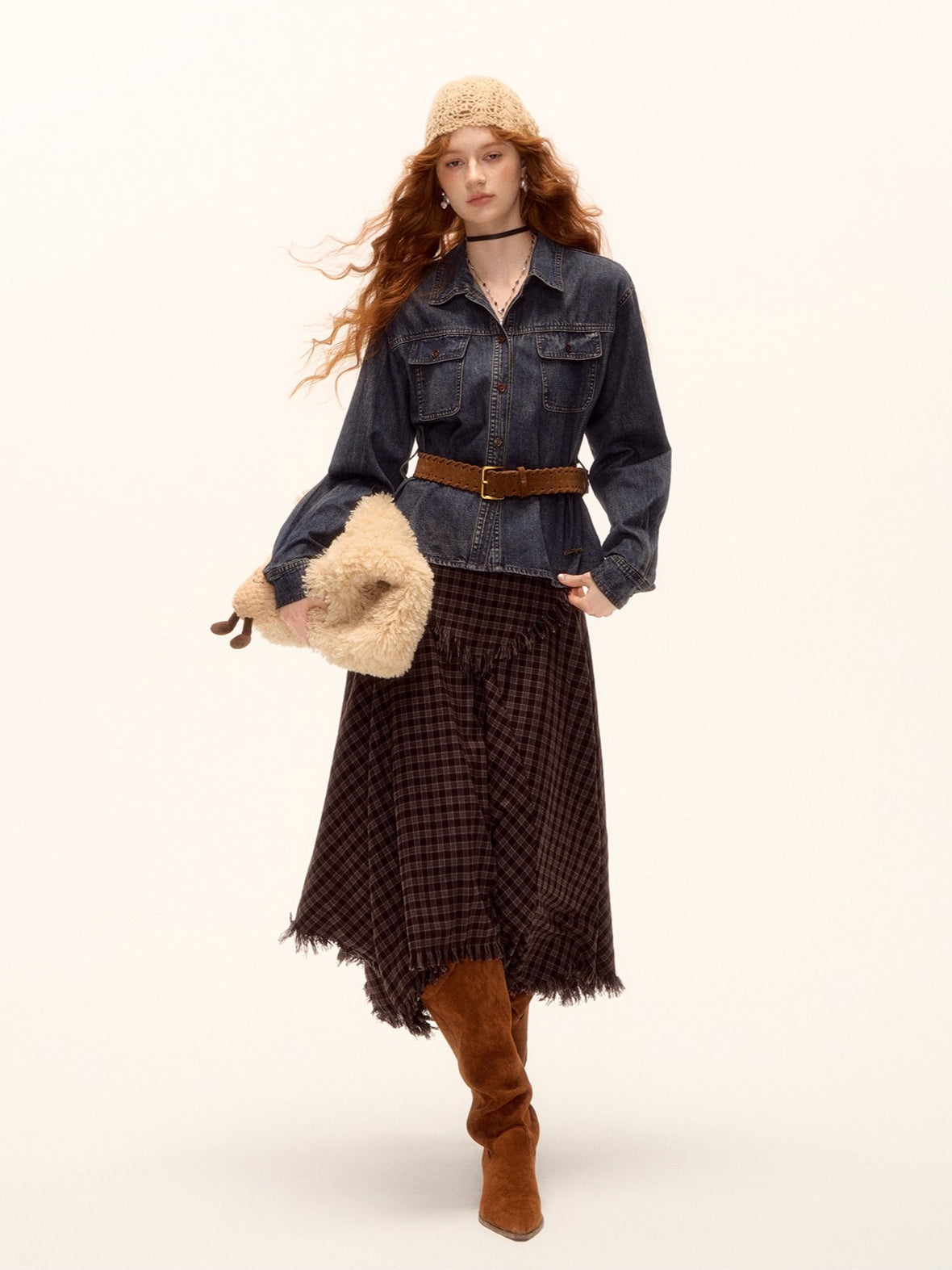 Frayed Hem Plaid Studded Belt Asymmetric A-Line Midi Skirt