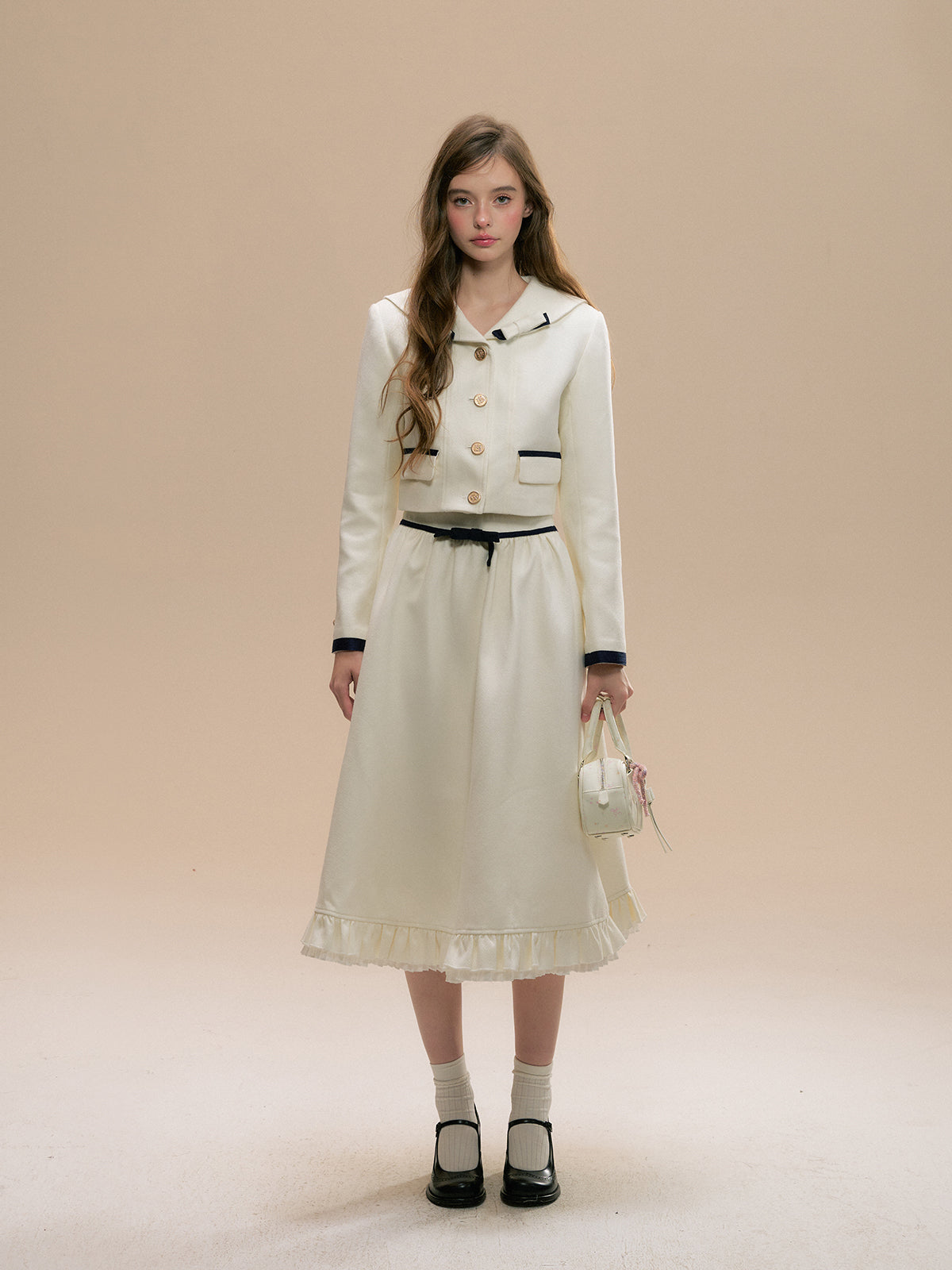 Off-White Navy Collar Wool Jacket Set - CHINASQUAD