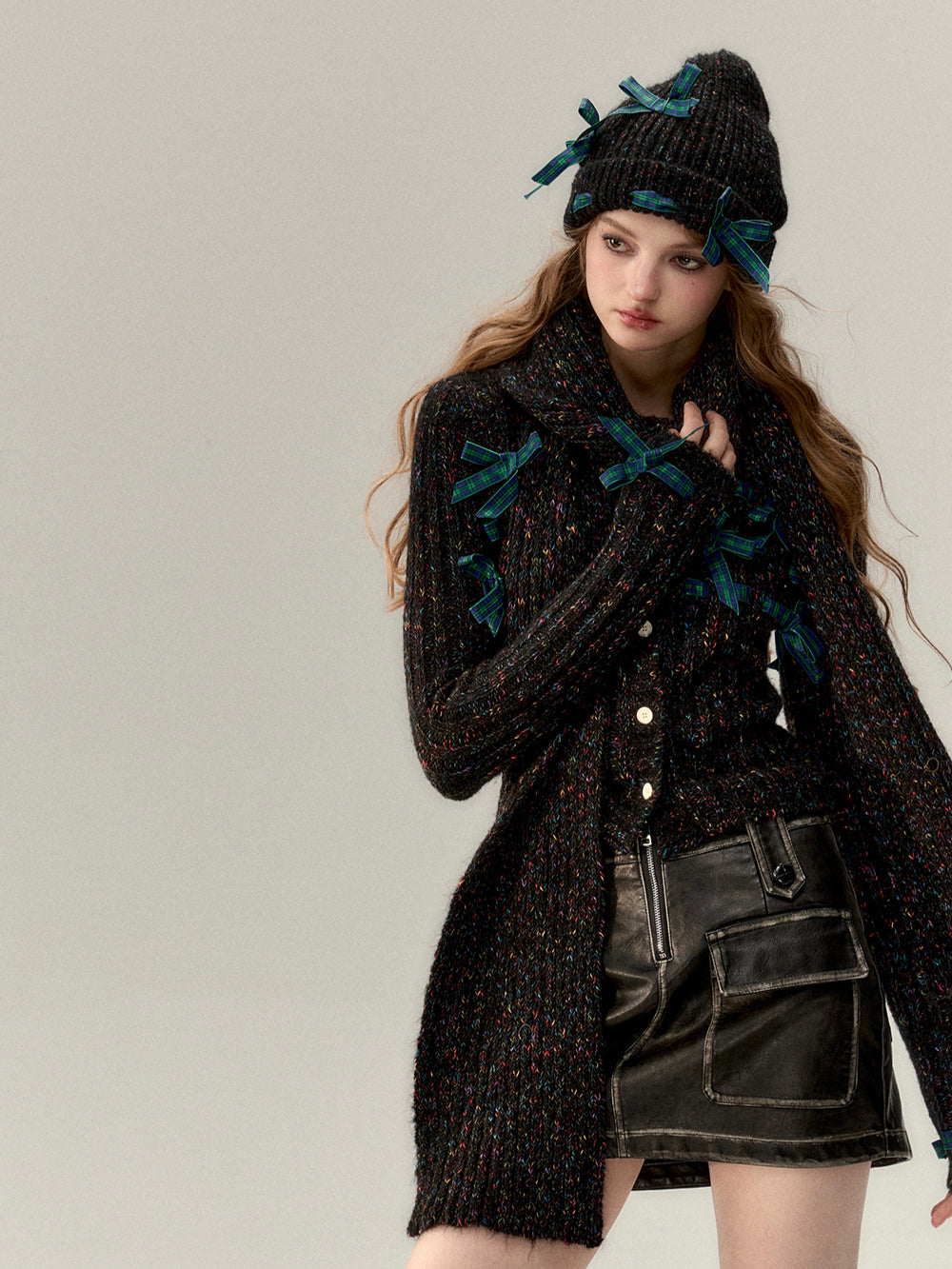 Bowknot Knit Cardigan & Hat & Scarf Set - CHINASQUAD