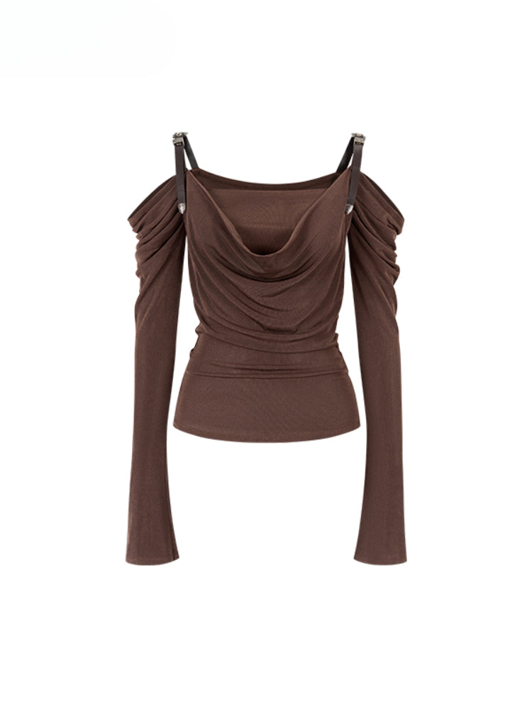 Draped Neck Leather Strap Acetate One-shoulder T-shirt - CHINASQUAD