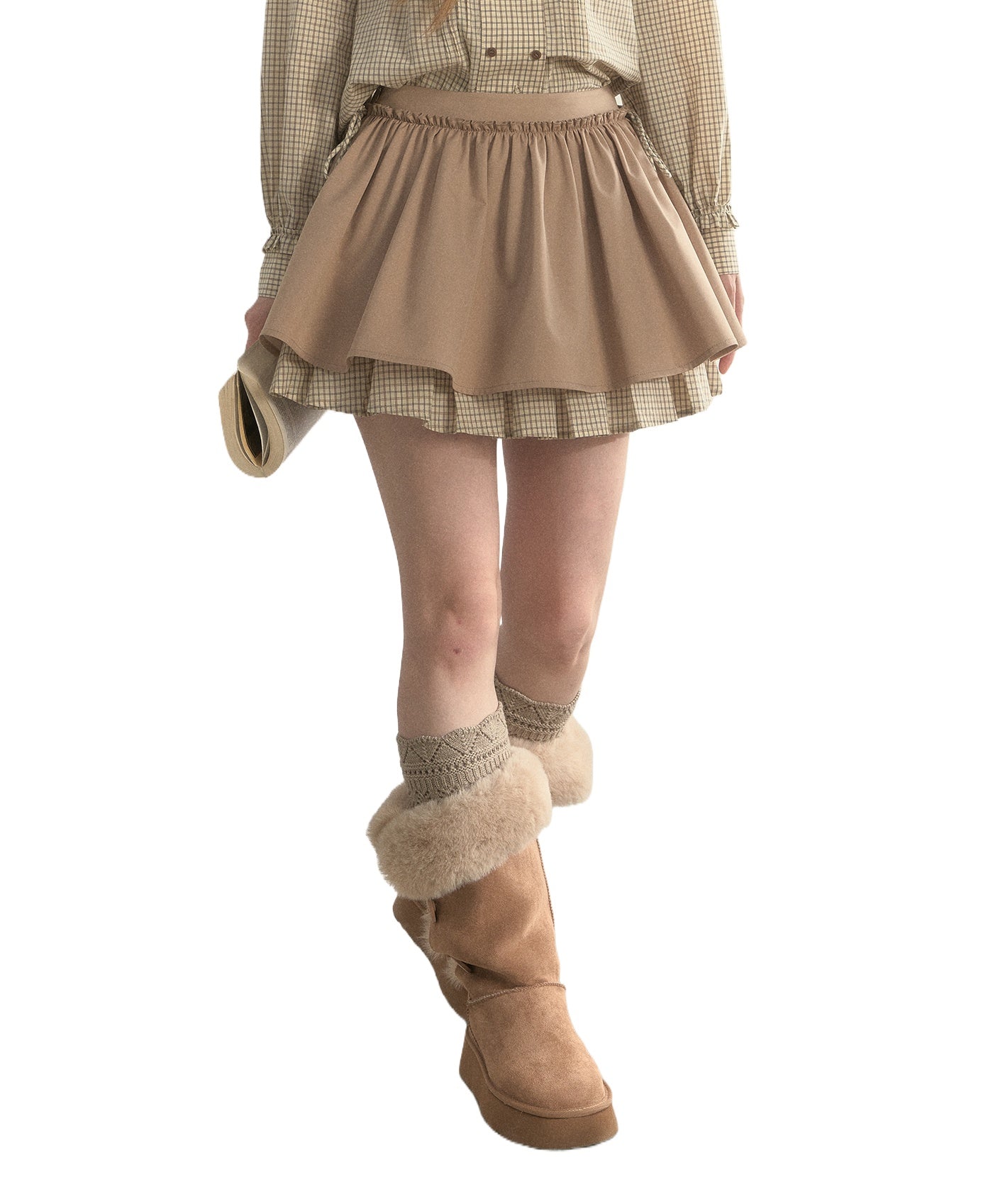 Retro Khaki Double-Layer Pleated Skirt
