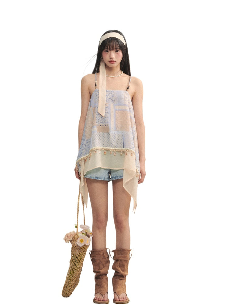 Irregular Beaded Strappy Printed Slip Dress - CHINASQUAD