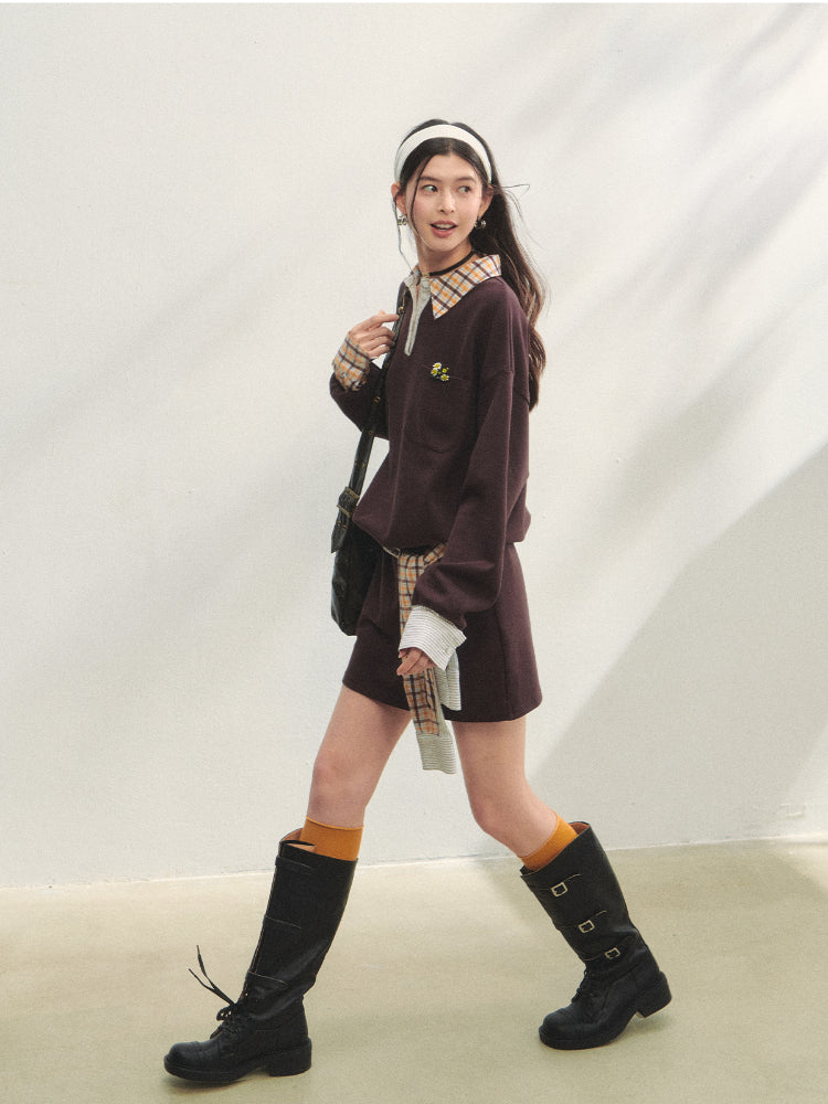 Fake Two-Piece Checkered Shirt Panel Sweatshirt - CHINASQUAD