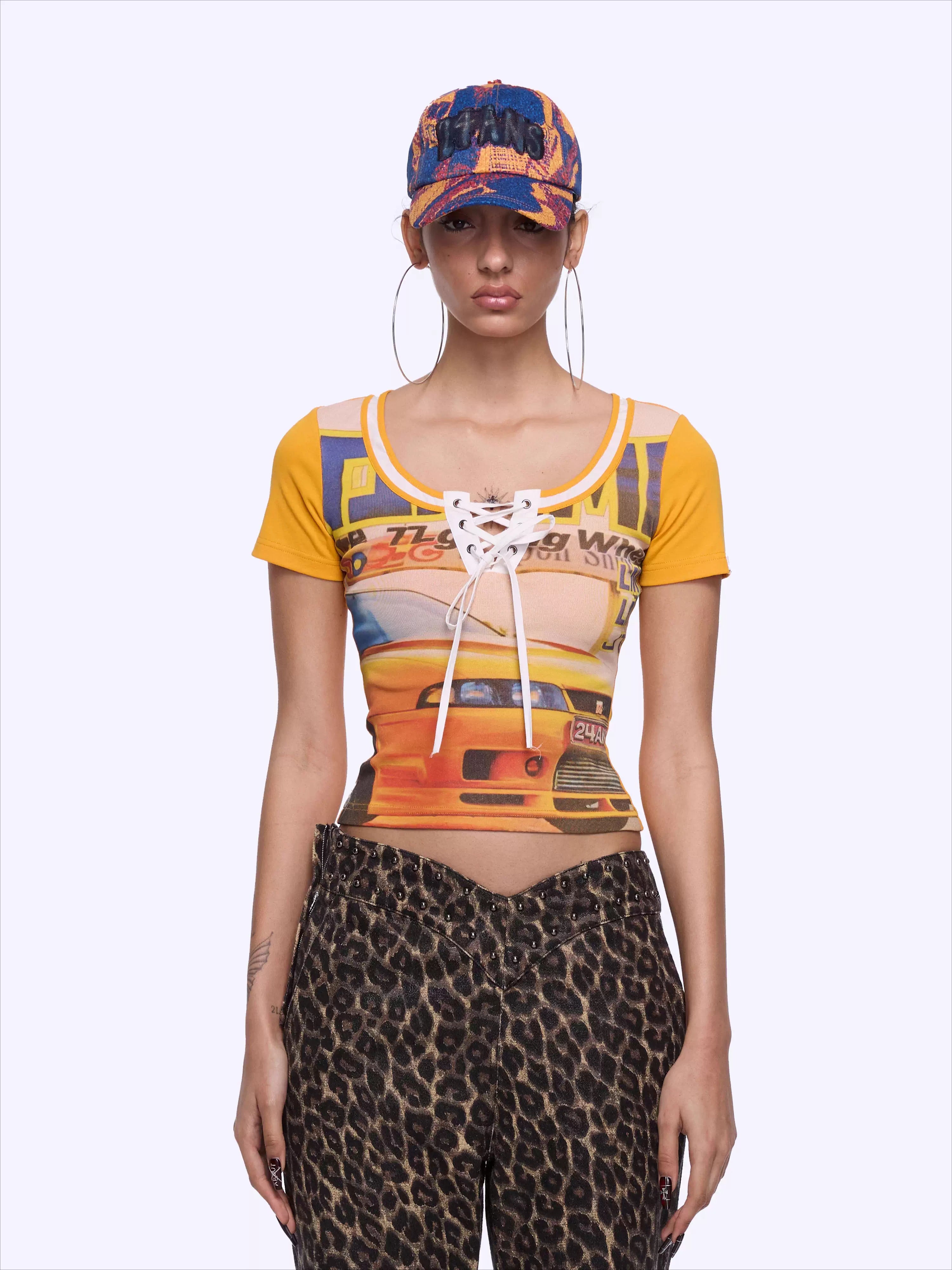 Retro Racing Print Layered-Look Patchwork T-Shirt