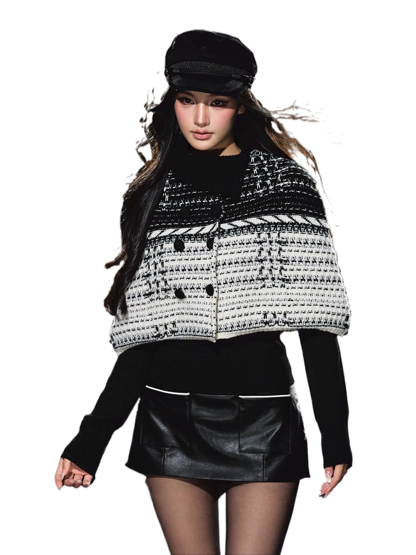 Tweed-Inspired Knit Cape & Crewneck Set