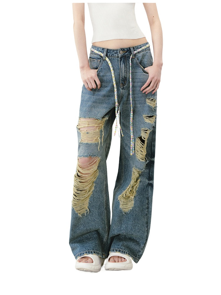 Blue Sparkly Ripped Jeans - CHINASQUAD