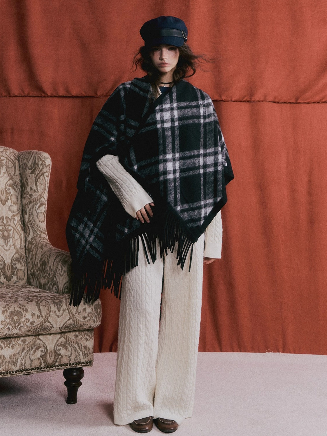 Vintage Plaid Tassel Cape Scarf