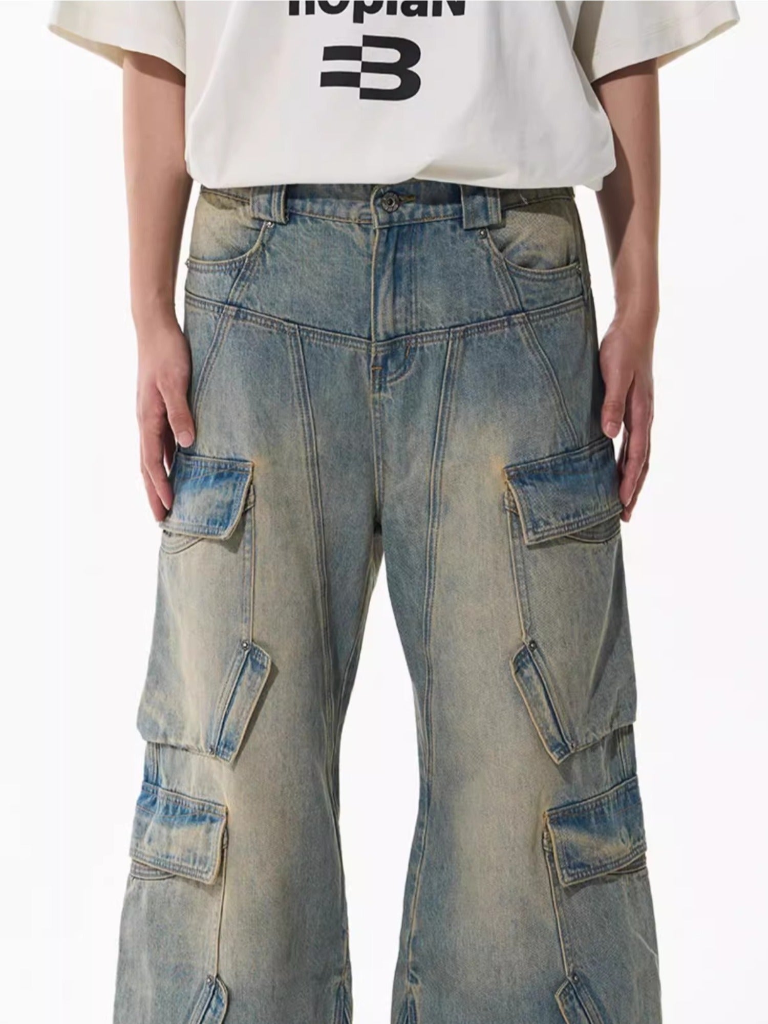 Washed Pocket-Panel Straight-Leg Denim Cargo Pants - CHINASQUAD