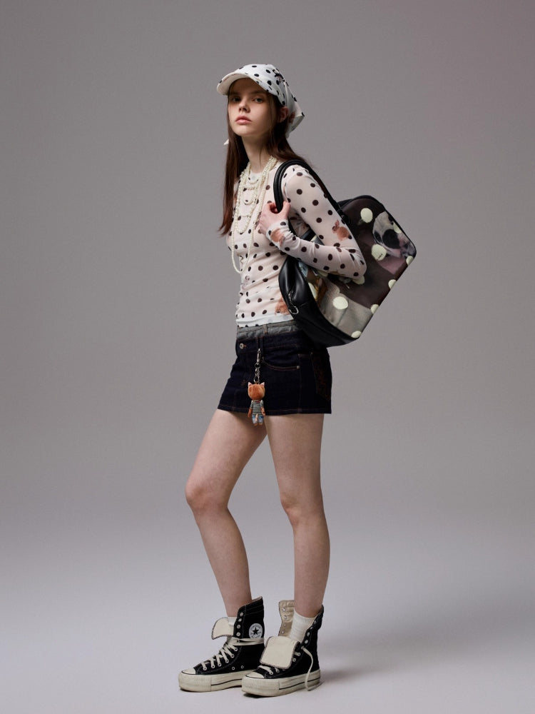 Polka Dot Pet Print Mock Neck T-Shirt