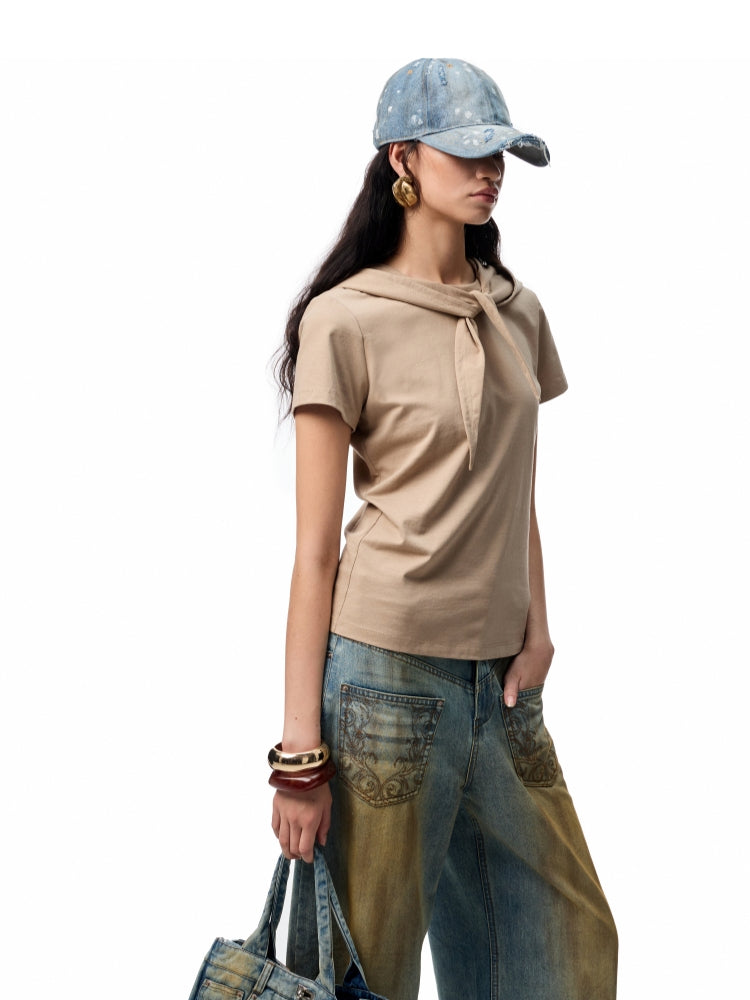 Hooded Bow Solid-Color T-shirt - CHINASQUAD