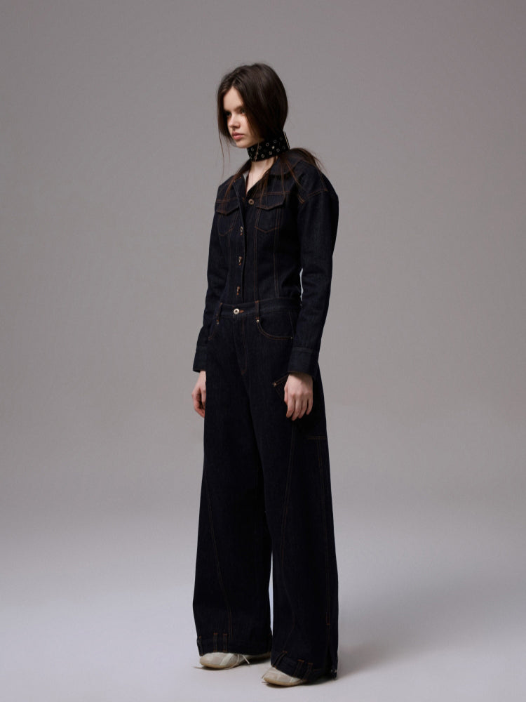 Raw Denim Wide-Shoulder Waist-Cinching Jacket Set - CHINASQUAD