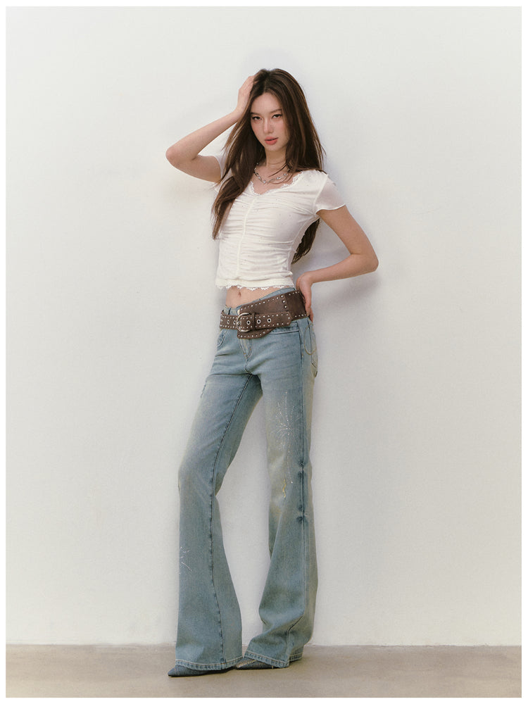 Acetate Lace Backless Beaded Short-sleeve T-shirt