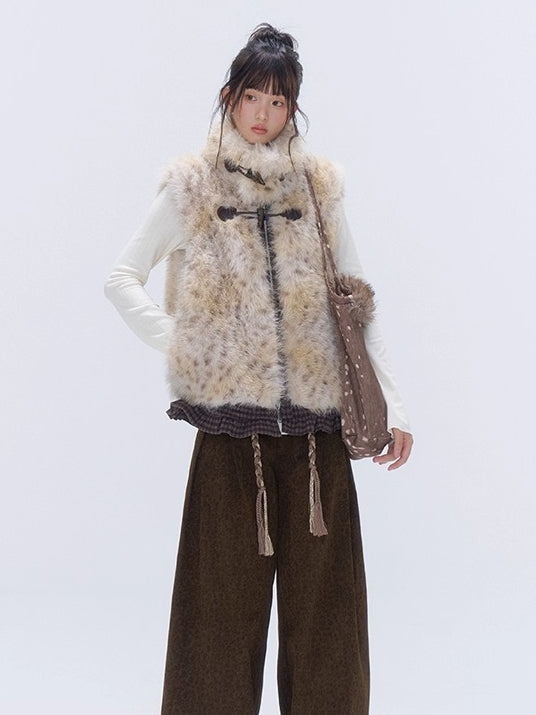 Faux Fur Leopard-Panel Lace-Trim Vest