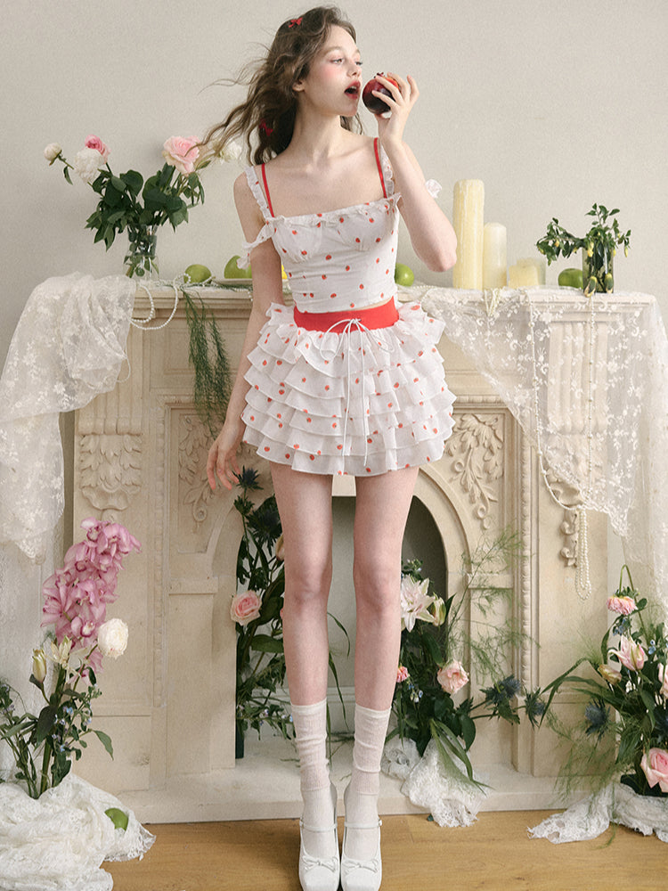 White Tomato Print Layered Skirt - CHINASQUAD