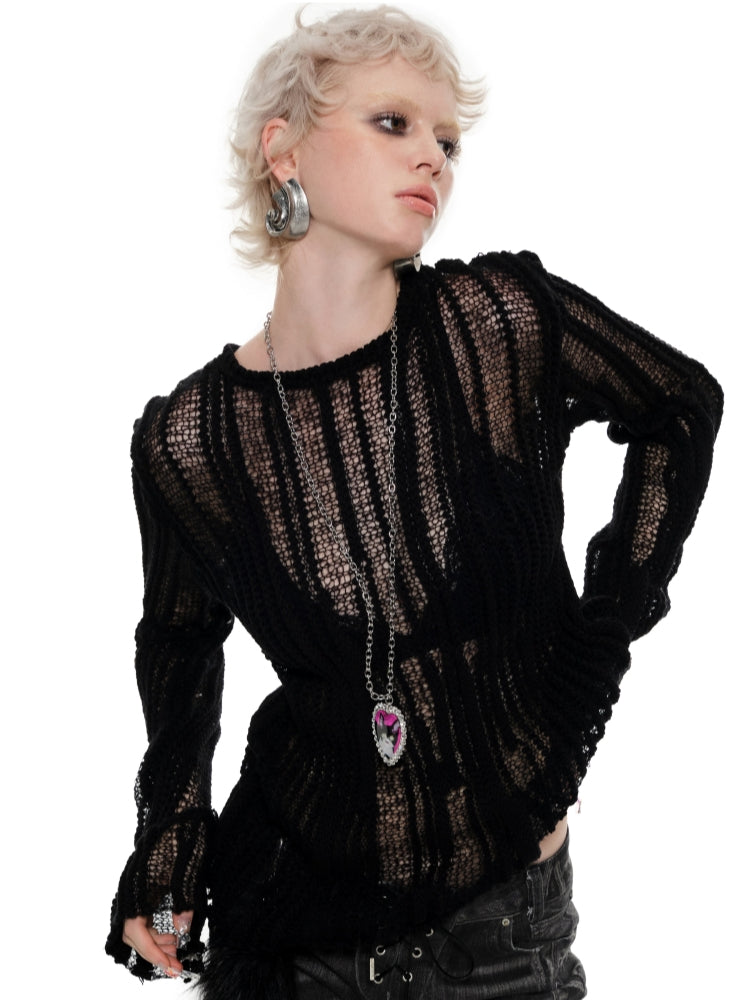 Black & Gray Hollow Knit Sweater - CHINASQUAD