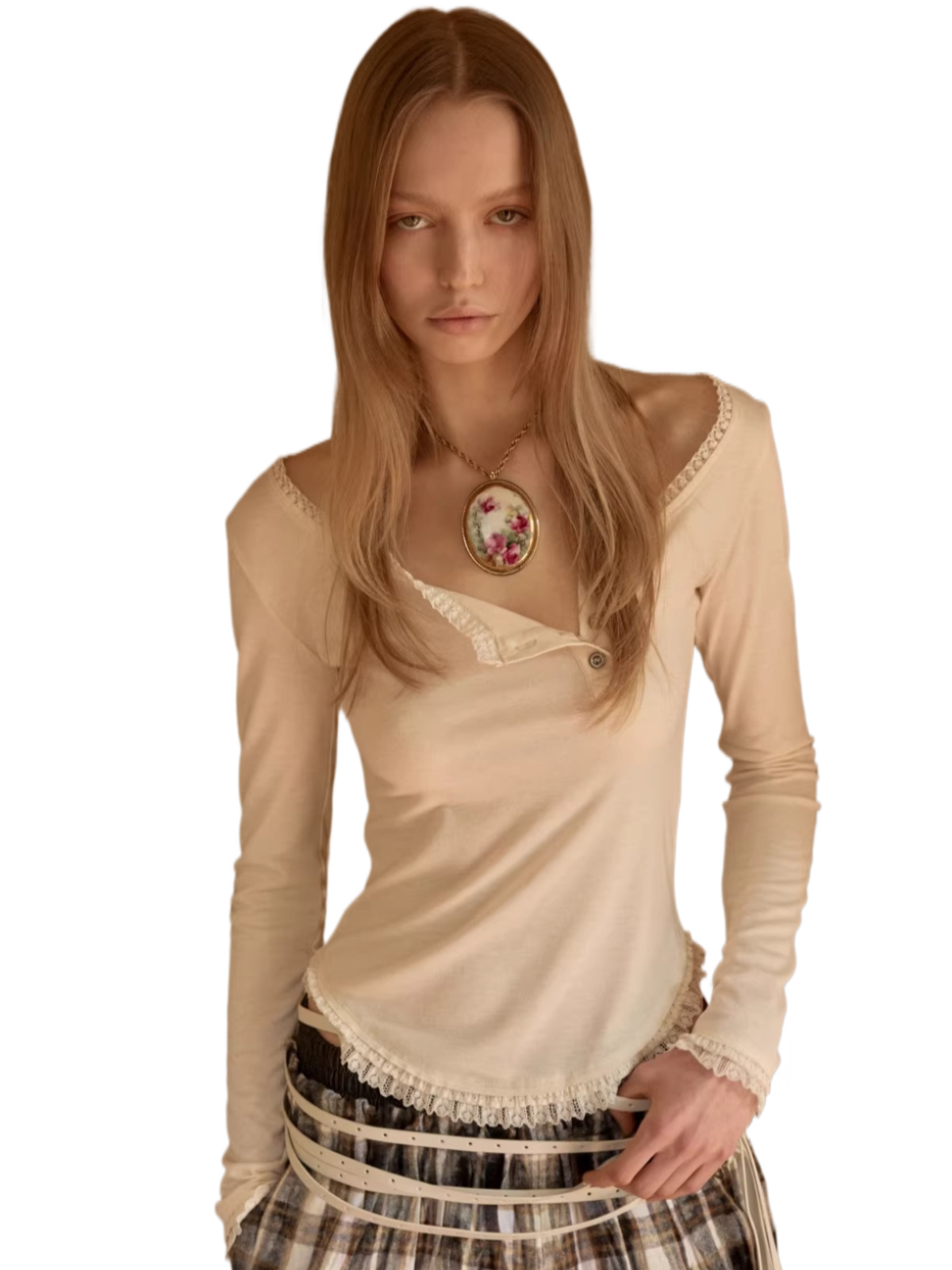 Asymmetric Henley Lace Trim Long Sleeve Top