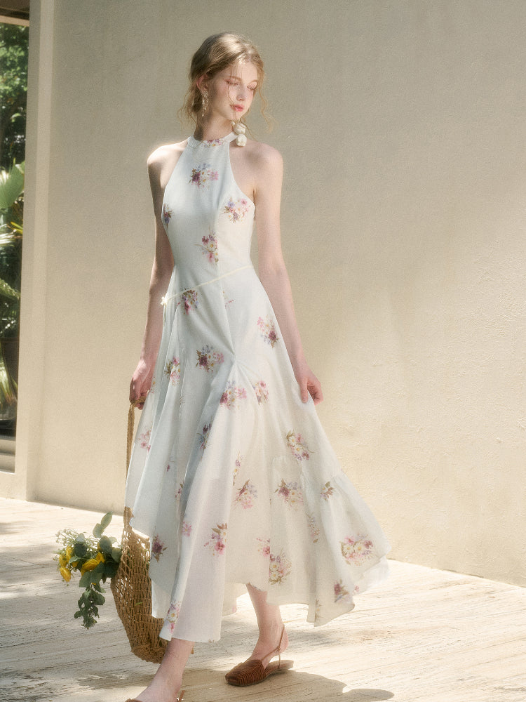 Halter Neck Printed Square Scarf Long Dress - CHINASQUAD