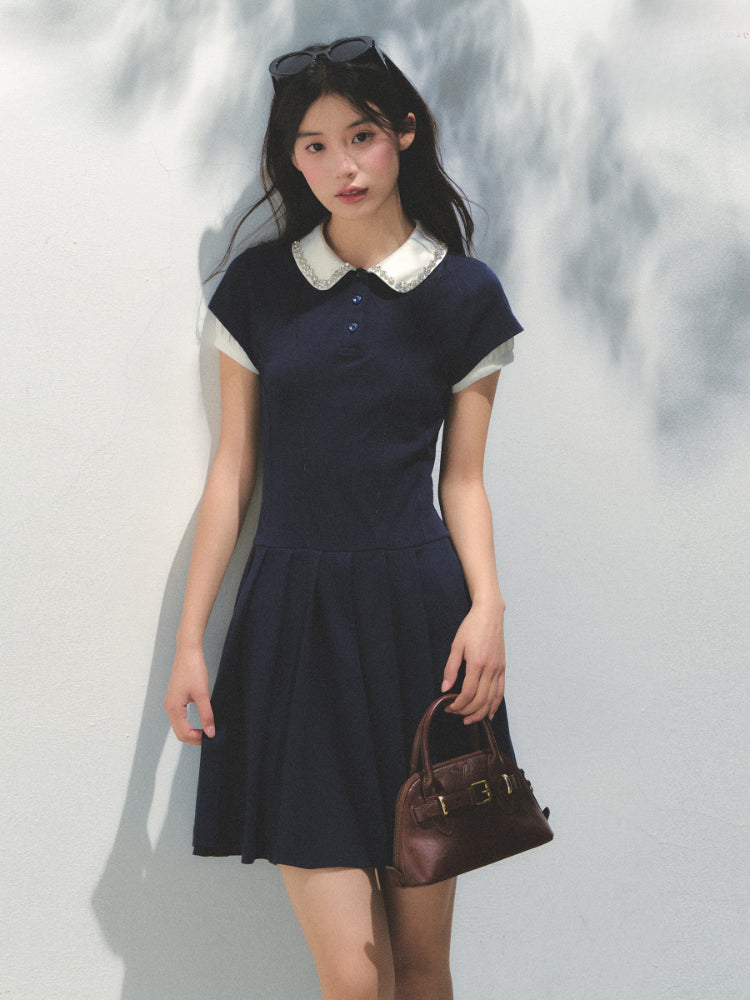 Polo Collar Rhinestone Pleated Dress - CHINASQUAD