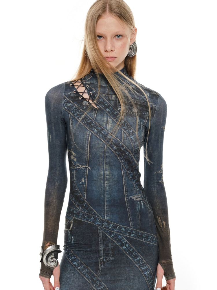 Denim Blue & Black Floral Print Long Dress - CHINASQUAD