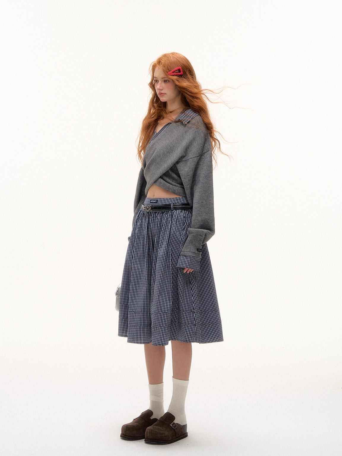 Off-Shoulder Plaid Panel Cross Sweatshirt - CHINASQUAD