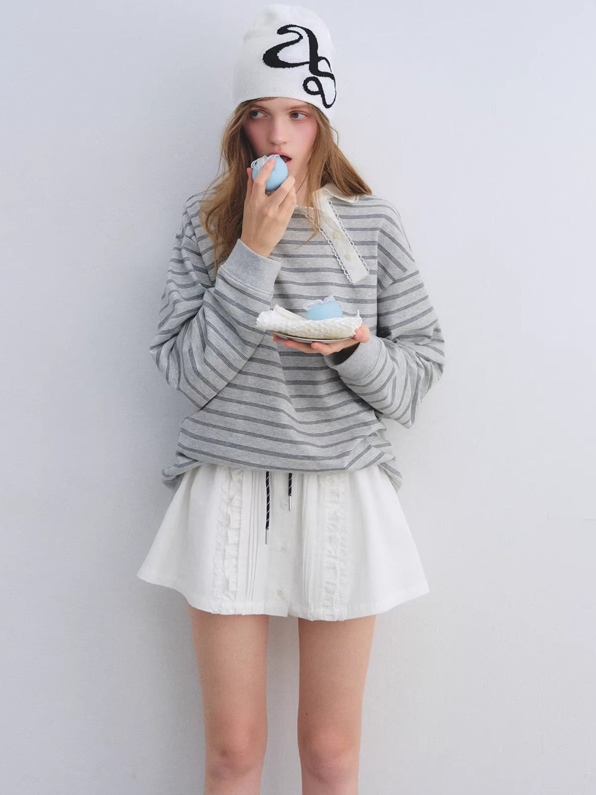 Placket Ruffle Collar Striped Sweatshirt