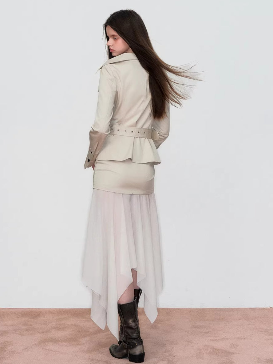 Off-Shoulder Belted Double-Breasted Blazer