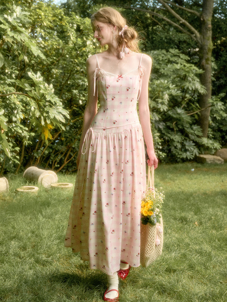 Pink Check Hand-Painted Print Dress - CHINASQUAD