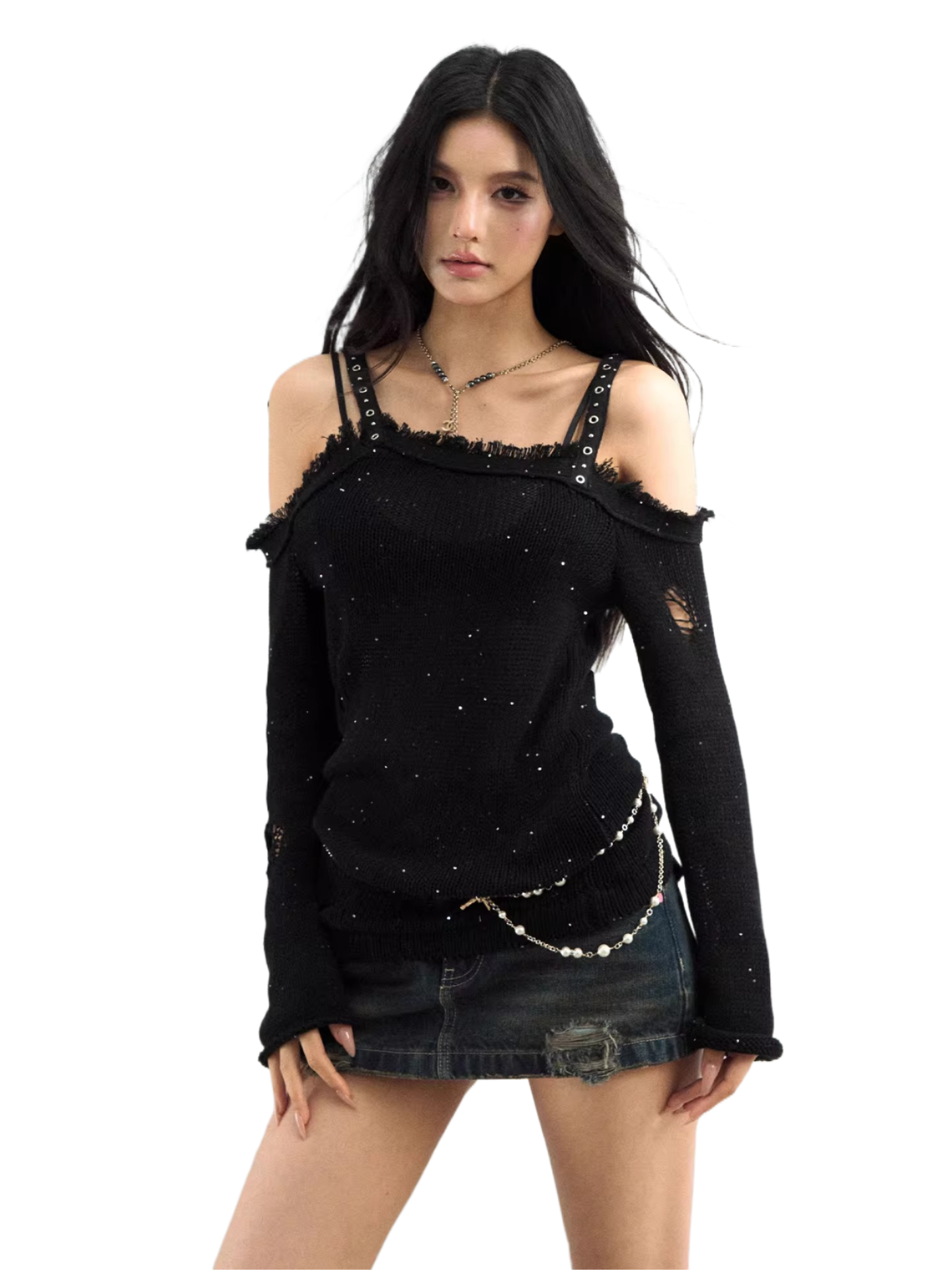 Distressed Off-Shoulder Knit Top