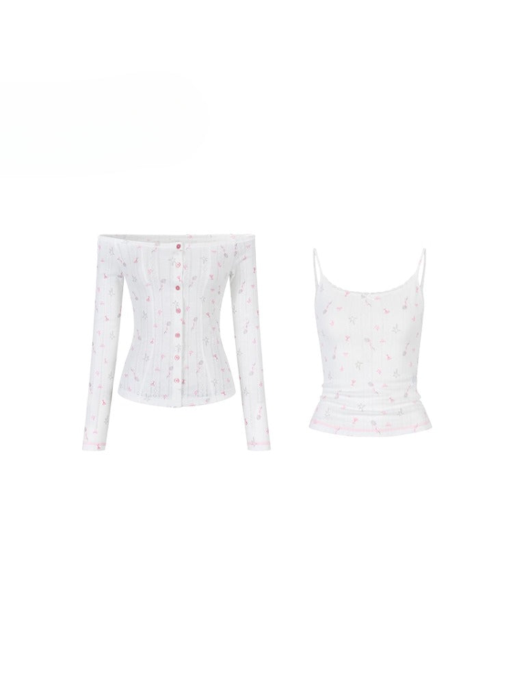 Printed Hollow-out Lace Trim One-Shoulder Top Set - CHINASQUAD