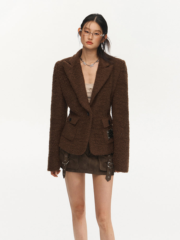 Brown Vintage Waist Woolen Blazer - CHINASQUAD