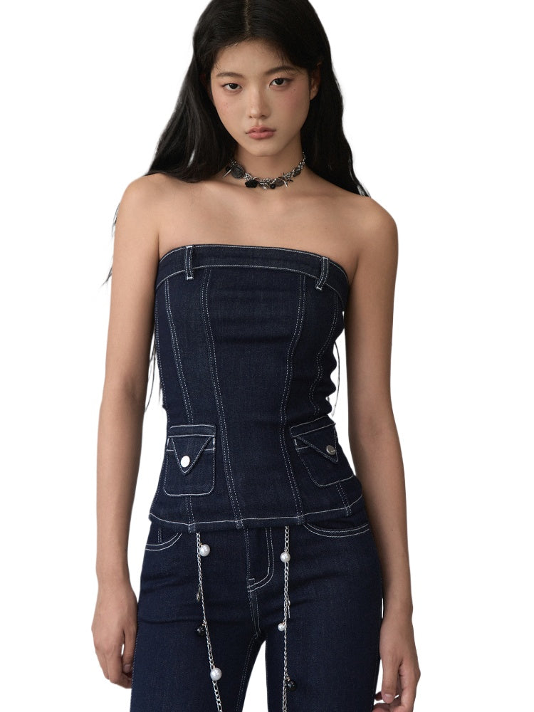 Vintage Denim Contrast Bandeau - CHINASQUAD