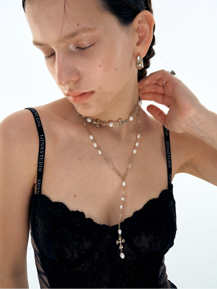 Double-Layered Pearl Fleur-de-Lis Y Necklace - CHINASQUAD